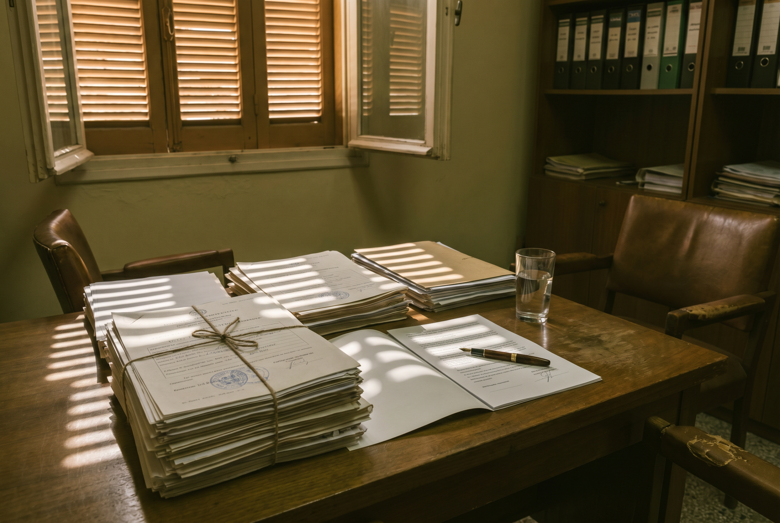 Greek legal documents on a desk