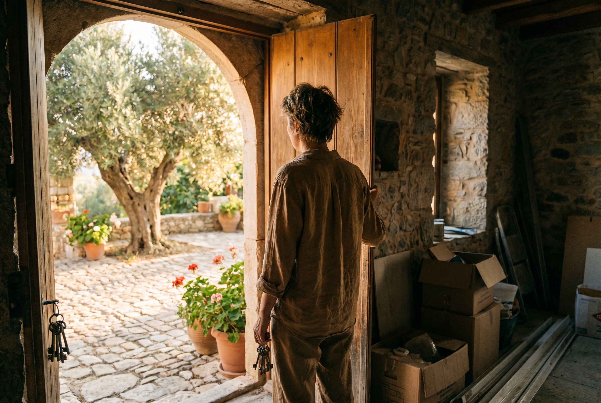 Foreign buyer at the door of a Greek stone house