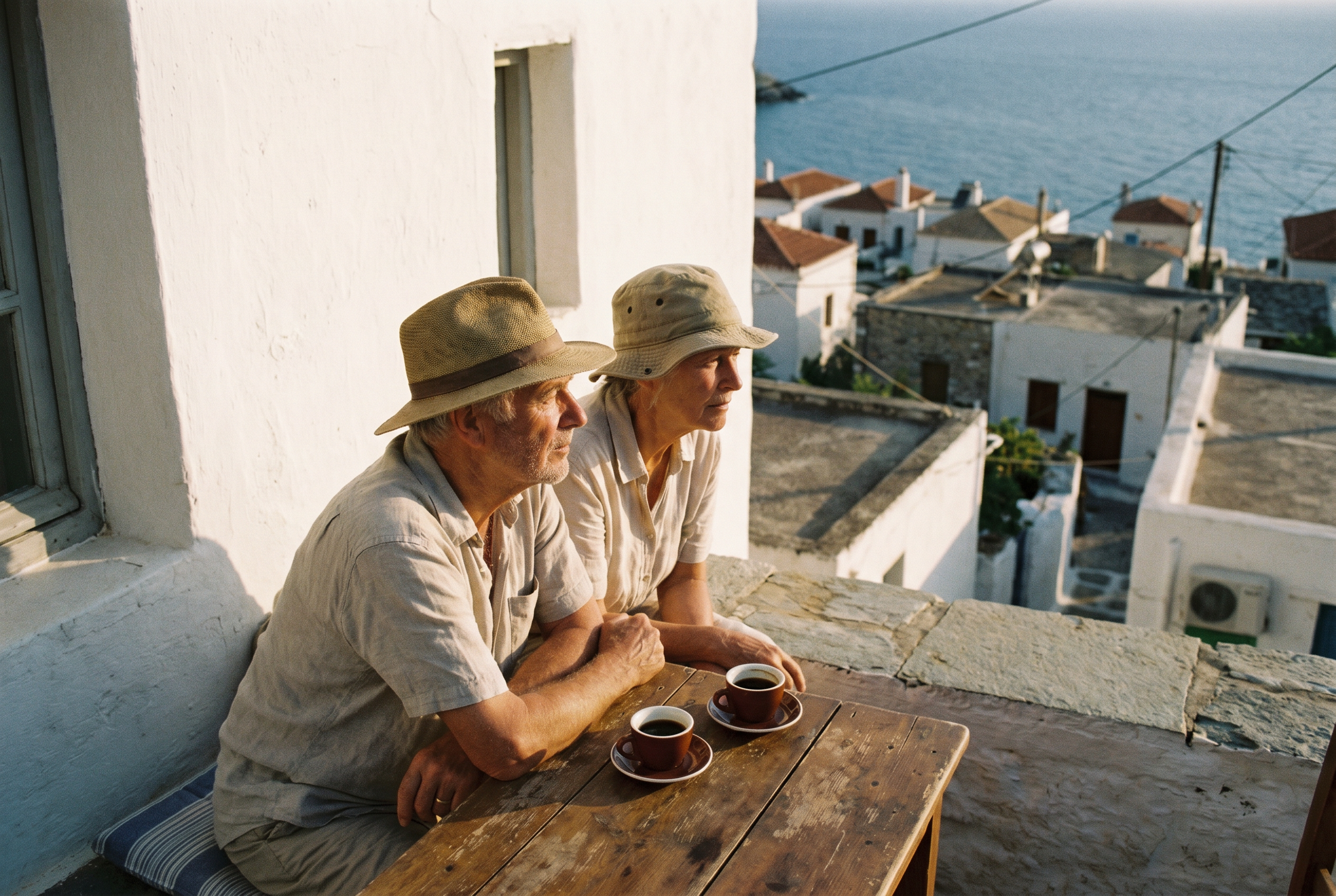 Older couple on a Greek terrace overlooking a village