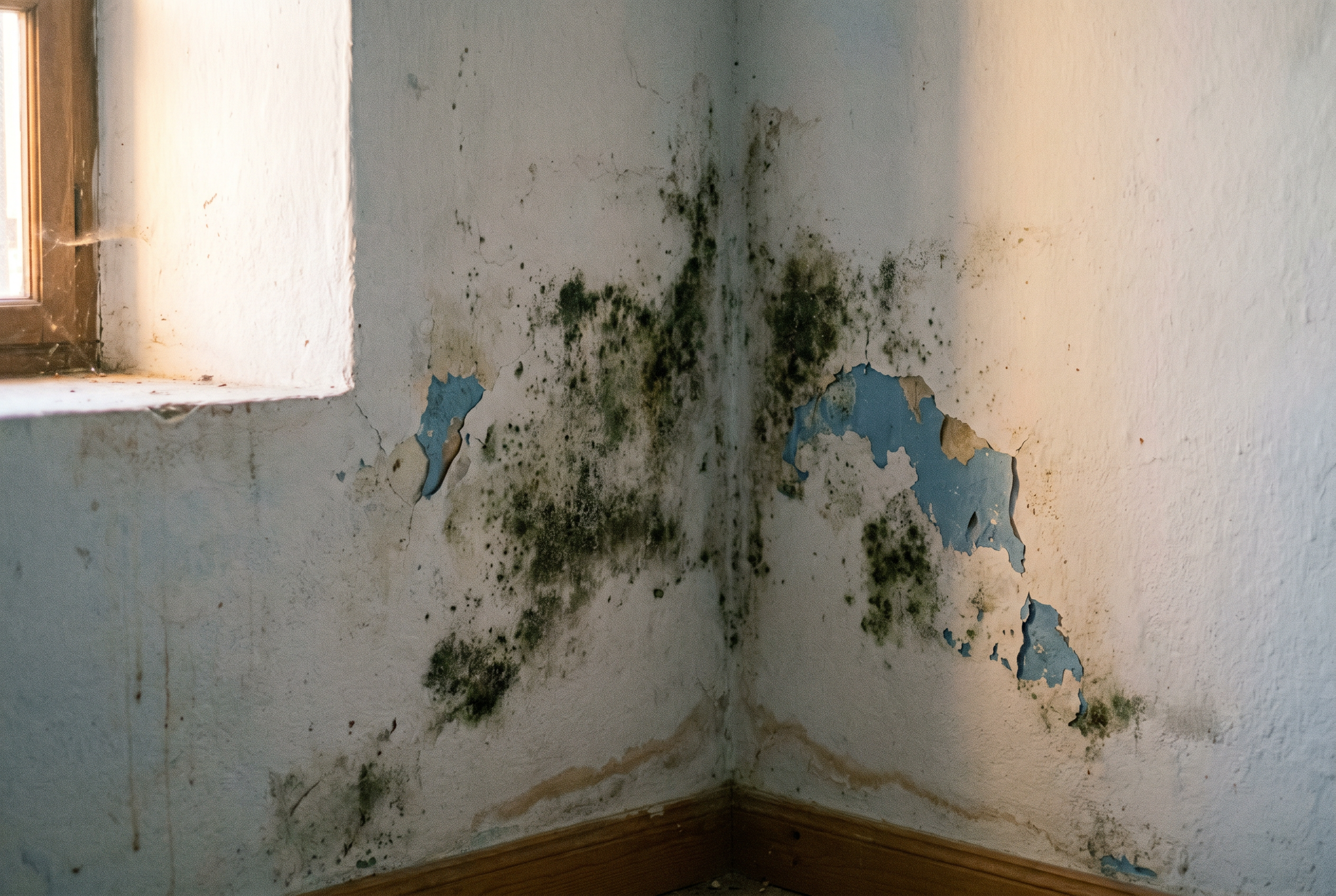 Mould and damp on a Greek house wall
