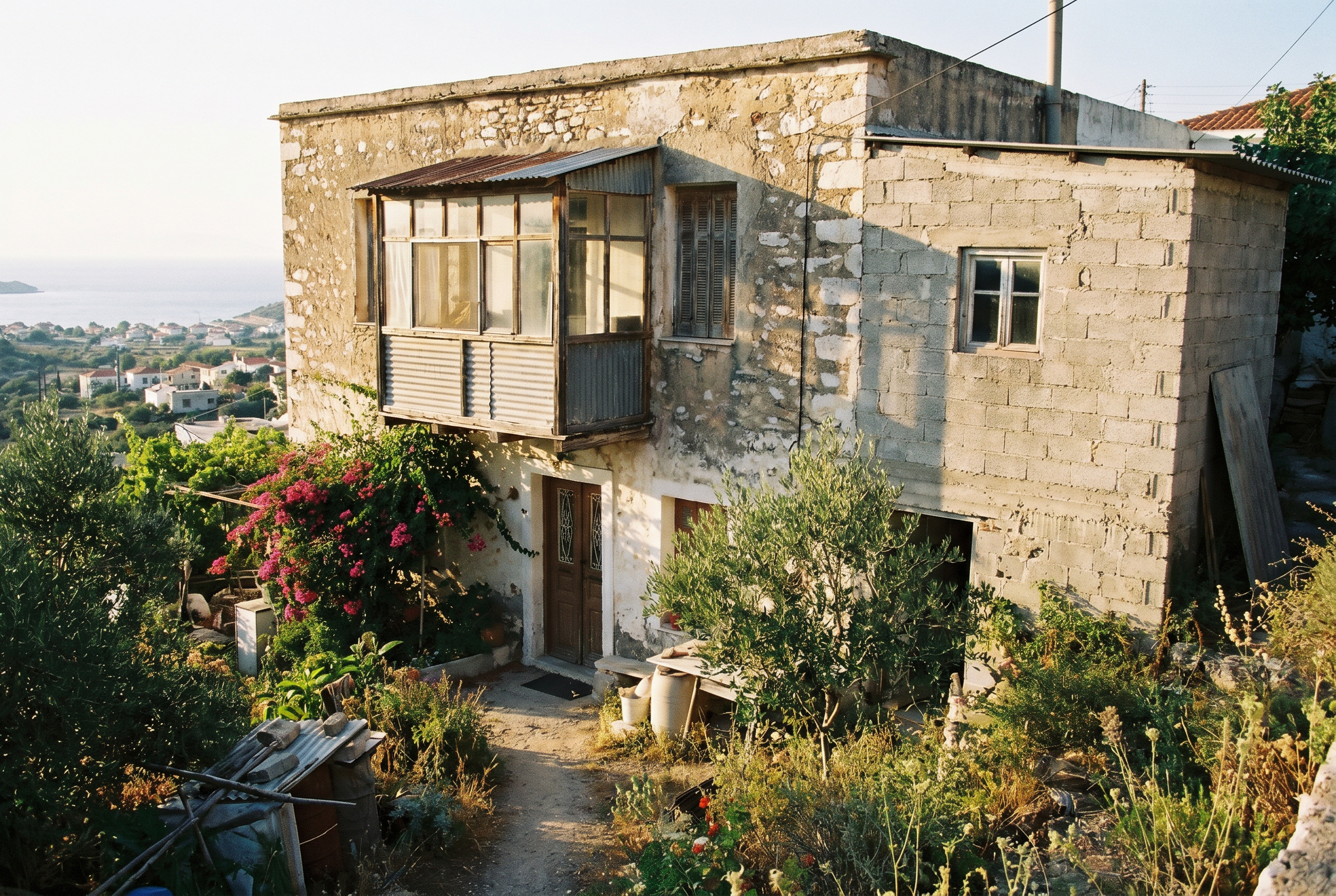 Greek house with illegal enclosed balcony extension